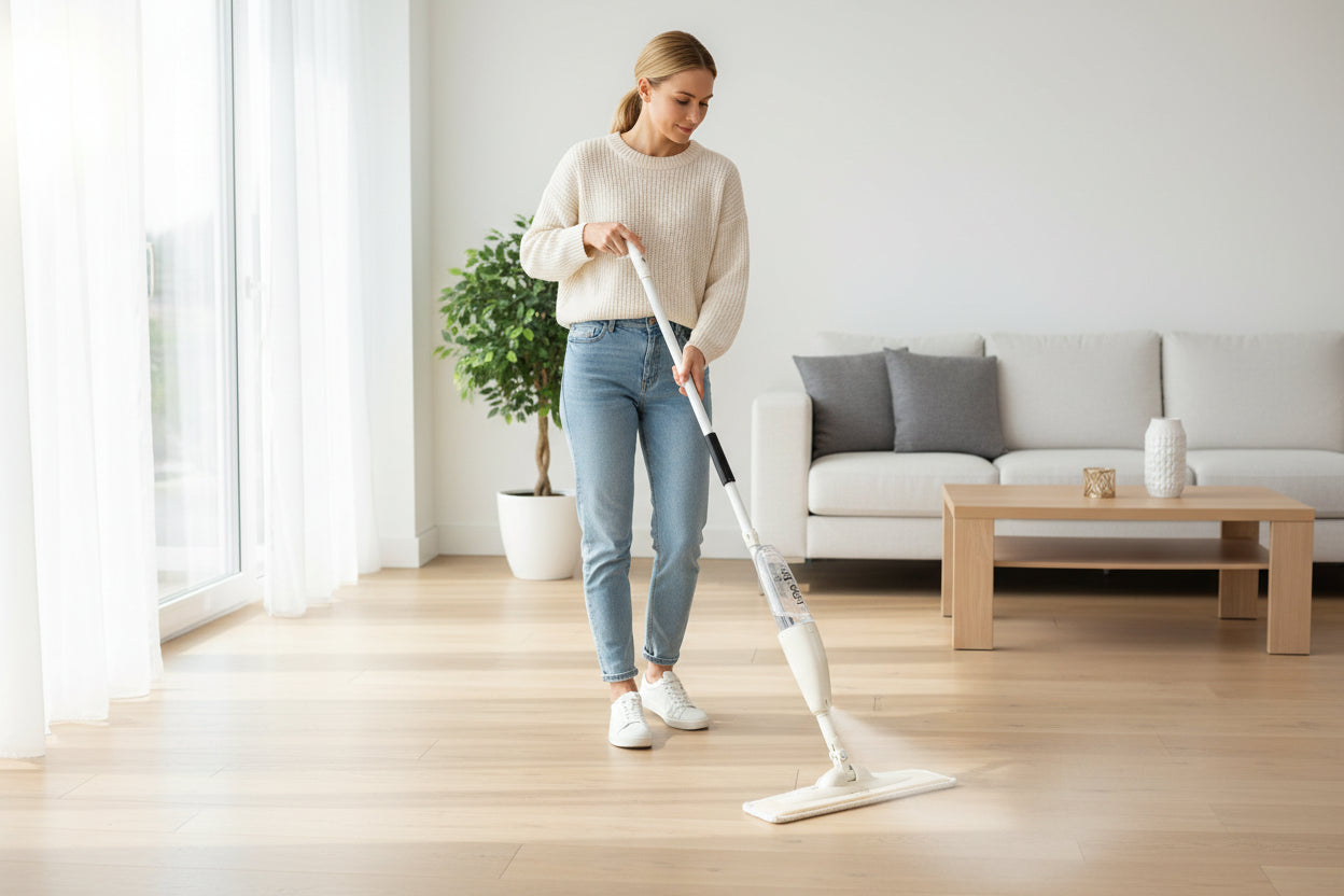Cleaning tool set with mop, scrubber, and attachments on a white background