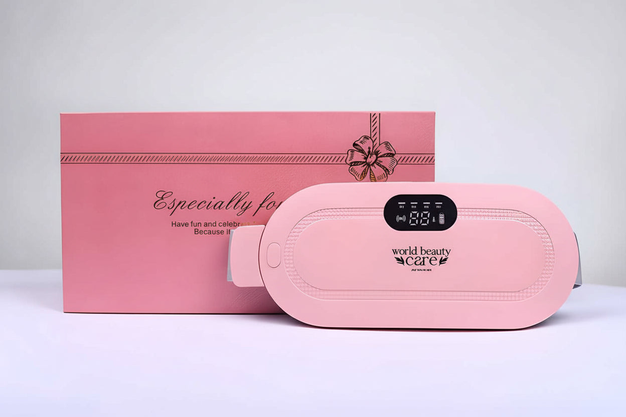 Pink beauty device with digital display next to a matching pink box on a white background