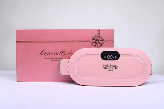 Pink beauty device with digital display next to a matching pink box on a white background