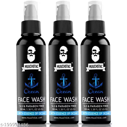 Three bottles of Muuchstac Ocean Face Wash on a white background