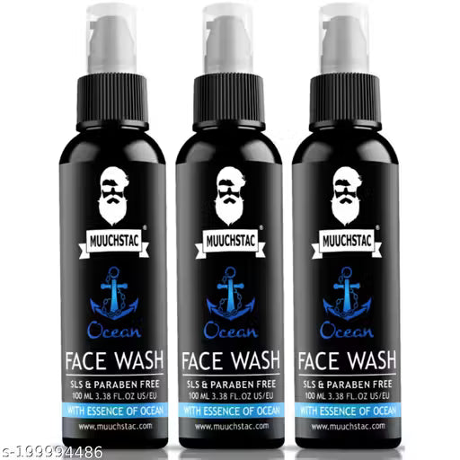Three bottles of Muuchstac Ocean Face Wash on a white background